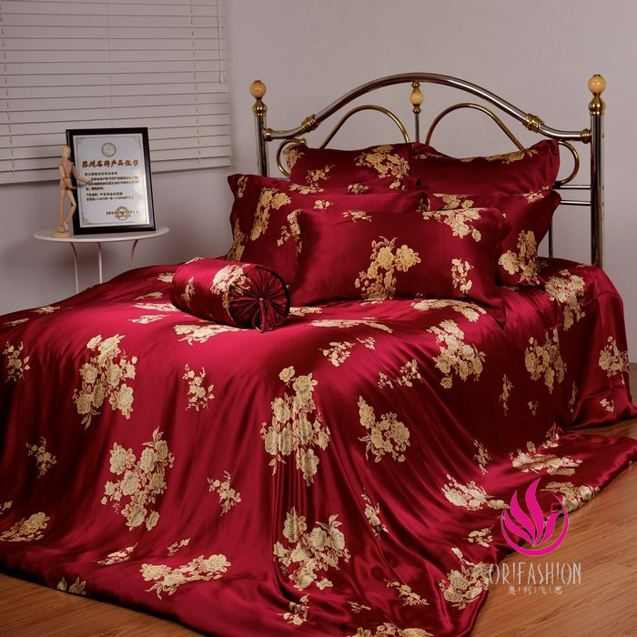 Orifashion Silk Bedding 6PCS Set Printed Floral Patterns Queen S