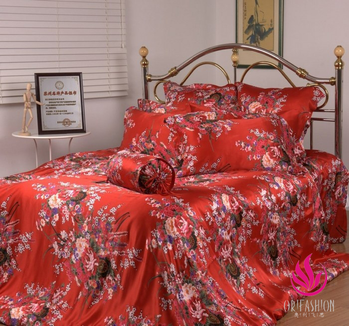 Orifashion Silk Bedding 4PCS Set Printed Floral Patterns King Si