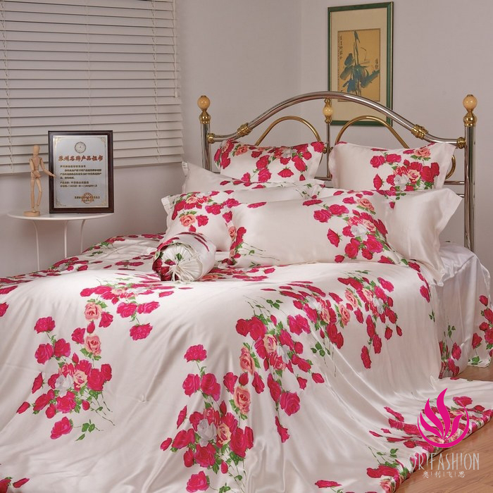 Orifashion Silk Bedding 8PCS Set Printed Floral Pattern King Siz