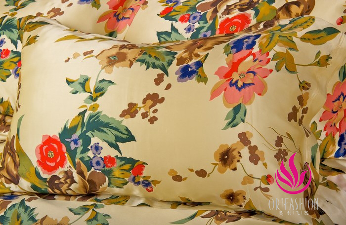 Orifashion Silk Bedding 6PCS Set Printed Floral Patterns Queen S