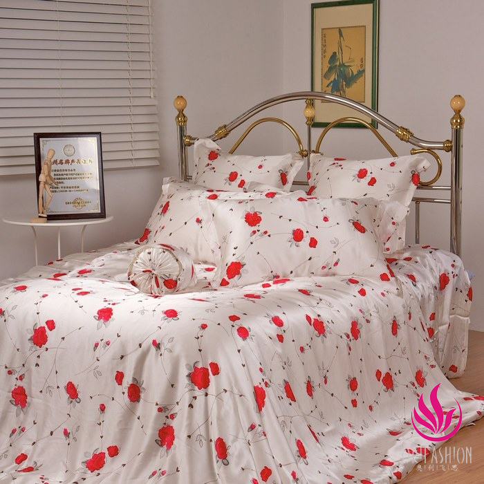 Orifashion Silk Bedding 6PCS Set Printed Floral Pattern King Siz