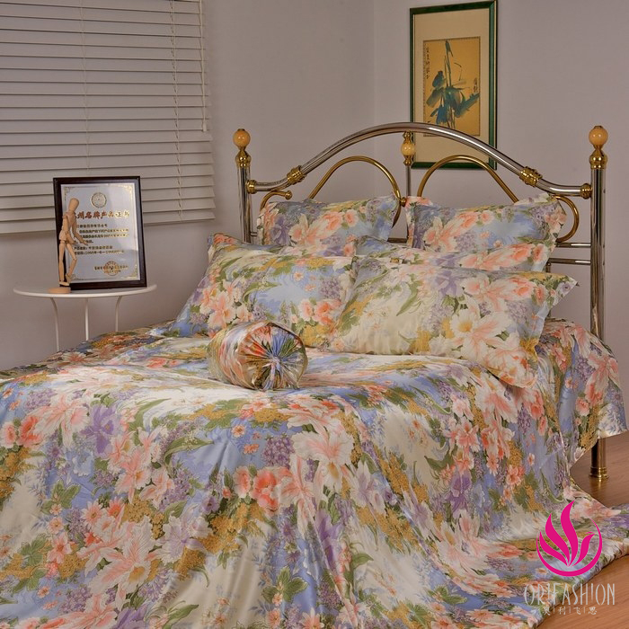 Orifashion Silk Bedding 6PCS Set Printed Floral Pattern King Siz