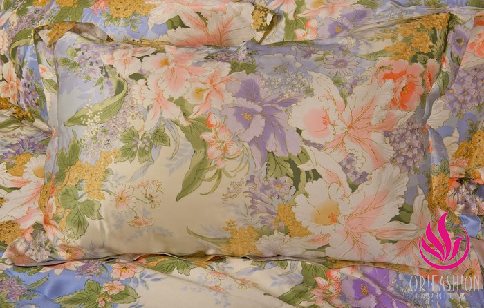 Orifashion Silk Bedding 6PCS Set Printed Floral Patterns Queen S