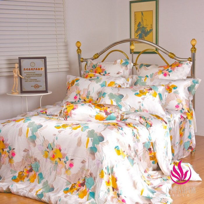 Orifashion Silk Bedding 6PCS Set Printed Floral Patterns Queen S