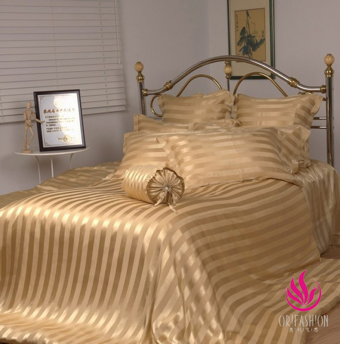 Orifashion Silk Bed Sheet Jacquard Stripes Patterns Queen Size S - Click Image to Close